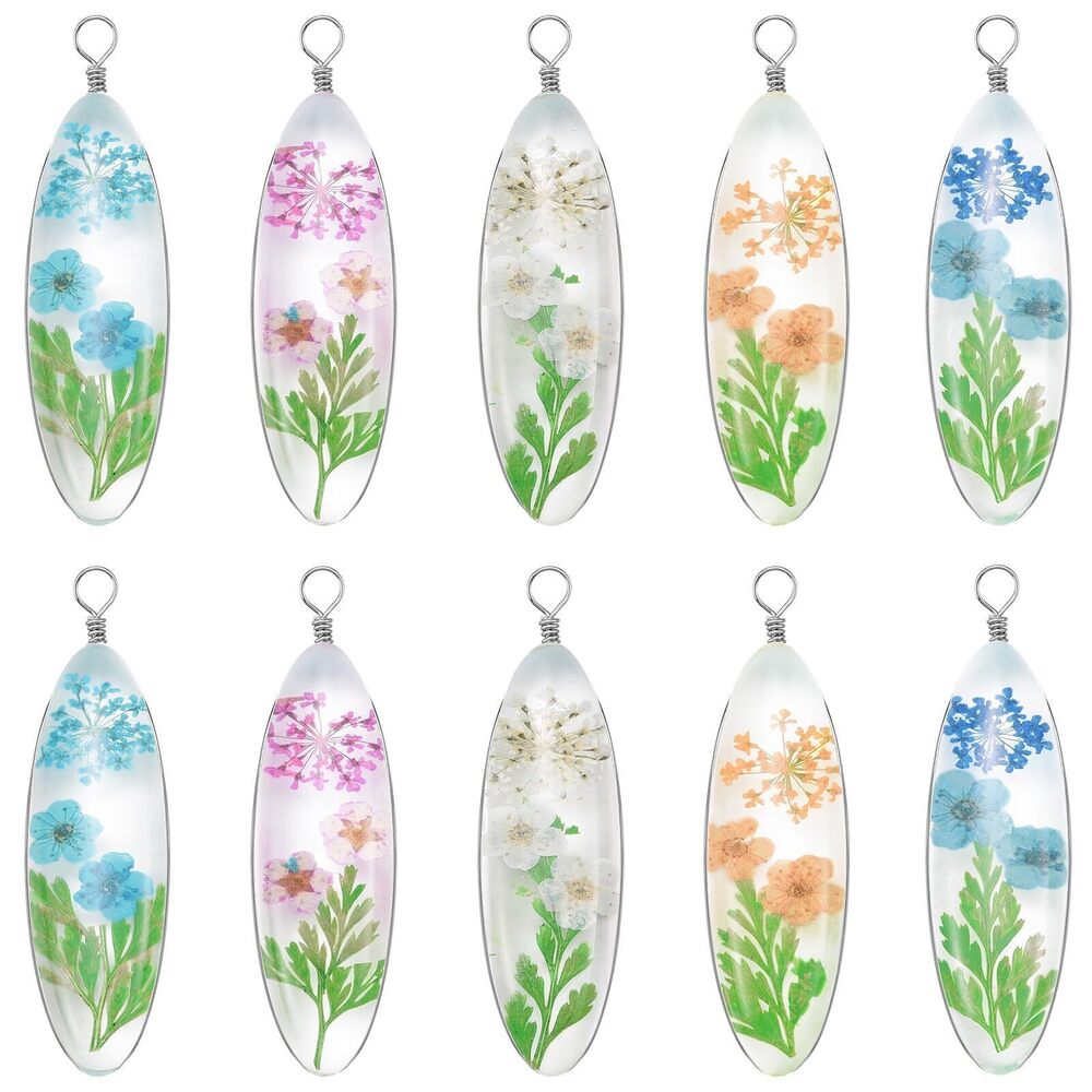 6121 5 Pieces Oval Dried Flower Pendant Glass Babysbreath Forget Me Not